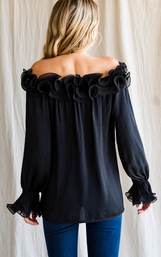 Black ruffle off shoulder long sleeve top