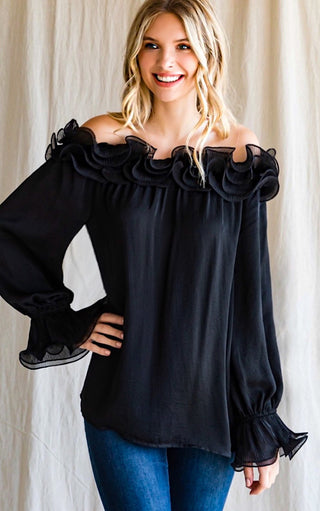 Black ruffle off shoulder long sleeve top