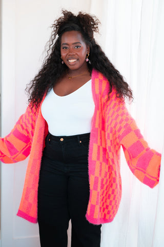 Always A Winner Pink And Orange Checkered Cardigan, SM-3X