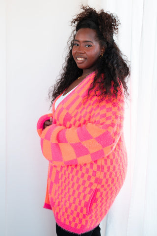 Always A Winner Pink And Orange Checkered Cardigan, SM-3X