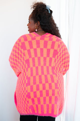 Always A Winner Pink And Orange Checkered Cardigan, SM-3X