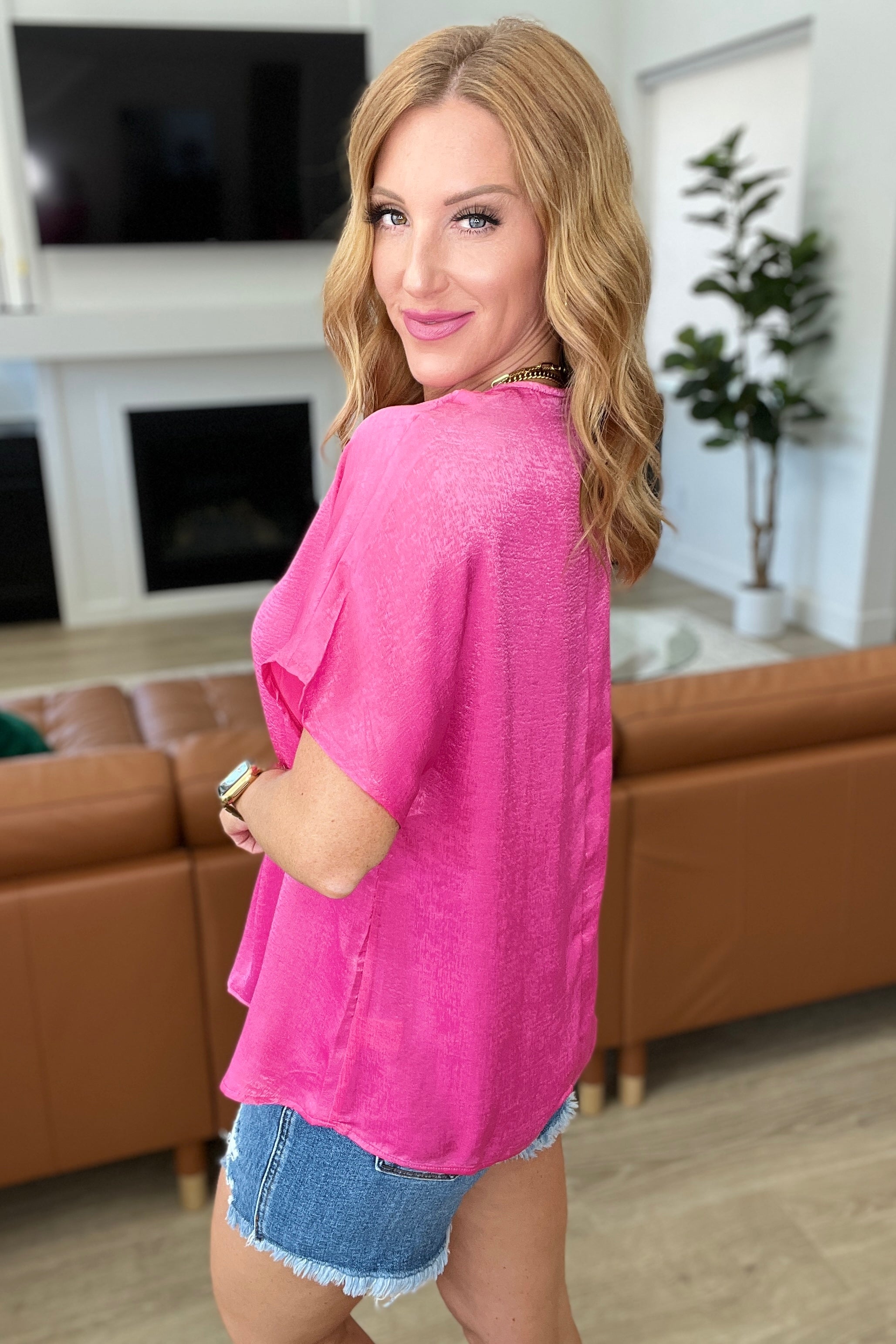 Priscilla Pleat Front V-Neck Top in Hot Pink, SM-3X